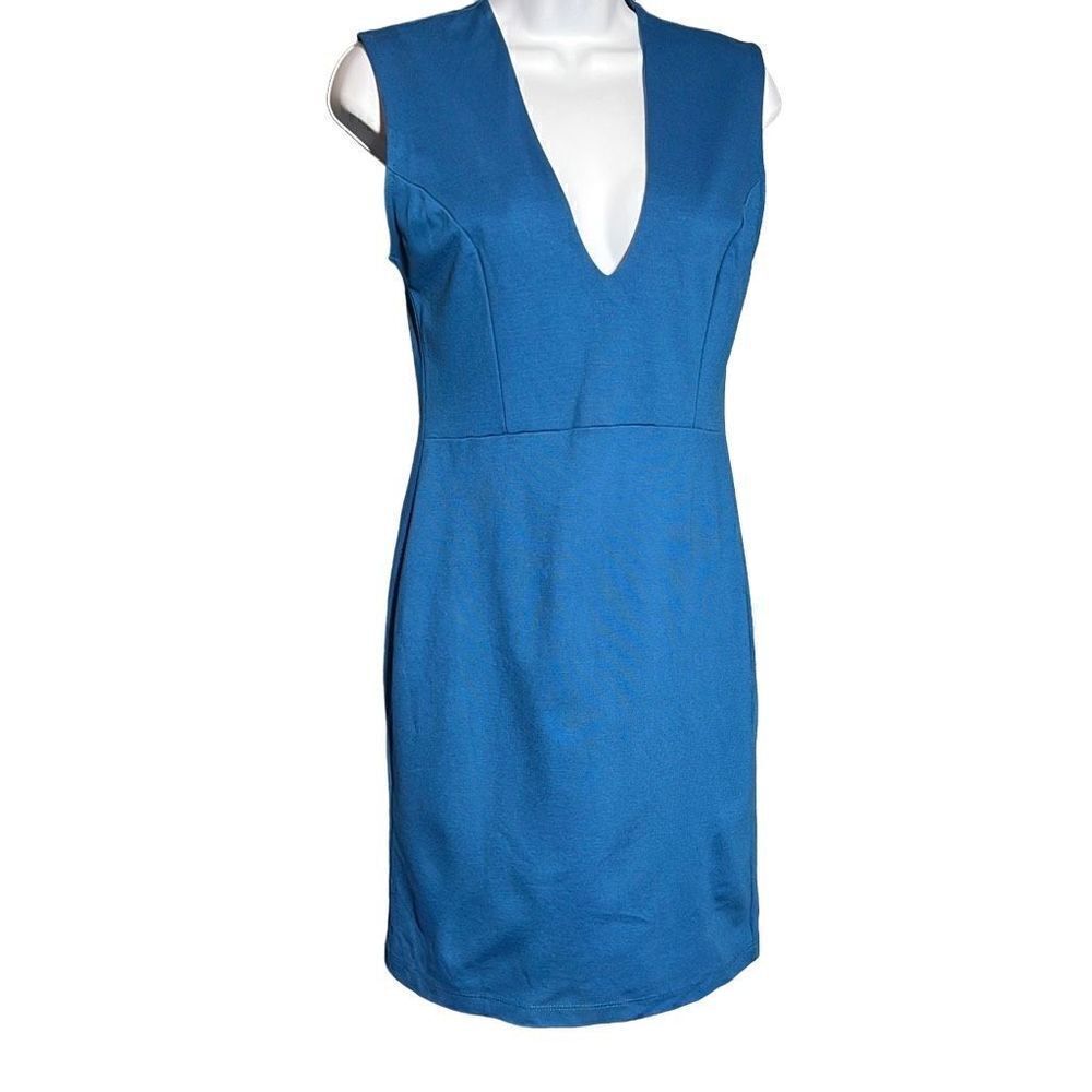 Akira Chicago Women's Sheath Dress V Neck Mini Sleeveless Stretch Blue Large